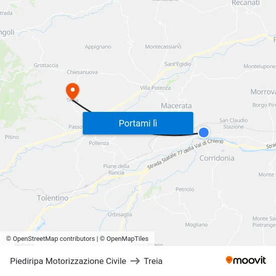 Piediripa Motorizzazione Civile to Treia map