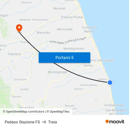 Pedaso Stazione FS to Treia map