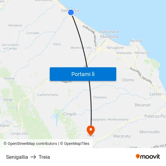 Senigallia to Treia map