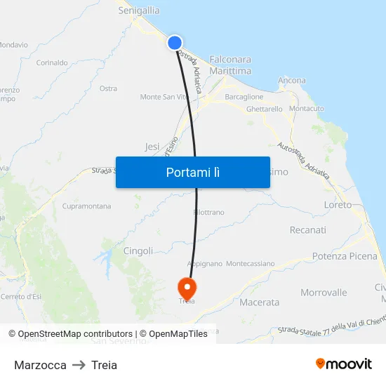 Marzocca to Treia map