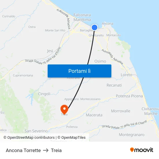 Ancona Torrette to Treia map