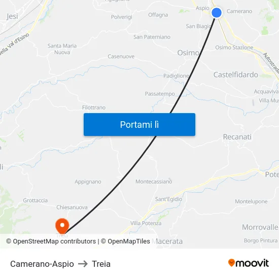 Camerano-Aspio to Treia map