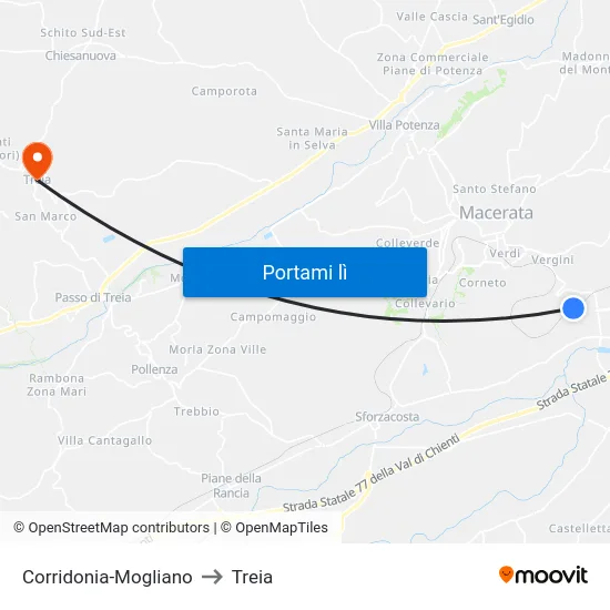 Corridonia-Mogliano to Treia map
