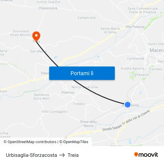 Urbisaglia-Sforzacosta to Treia map