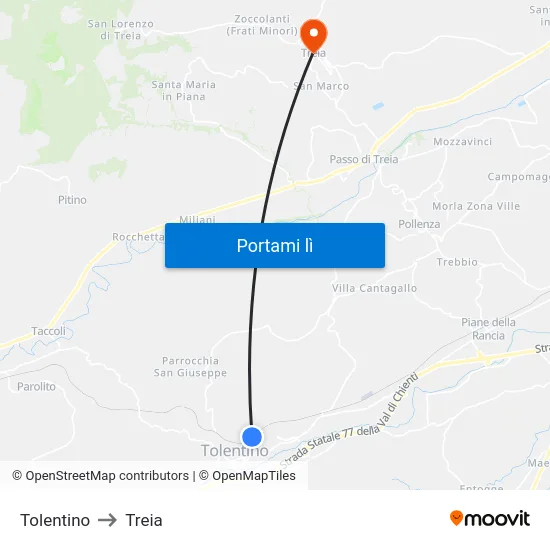 Tolentino to Treia map