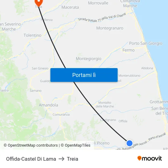 Offida-Castel Di Lama to Treia map