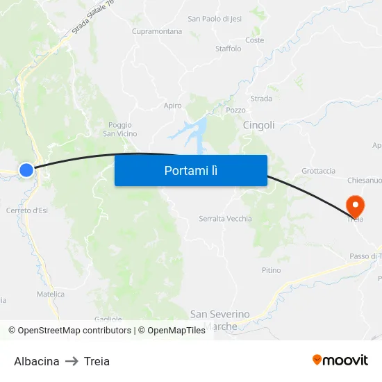 Albacina to Treia map