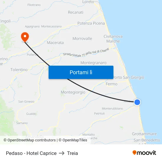 Pedaso - Hotel Caprice to Treia map