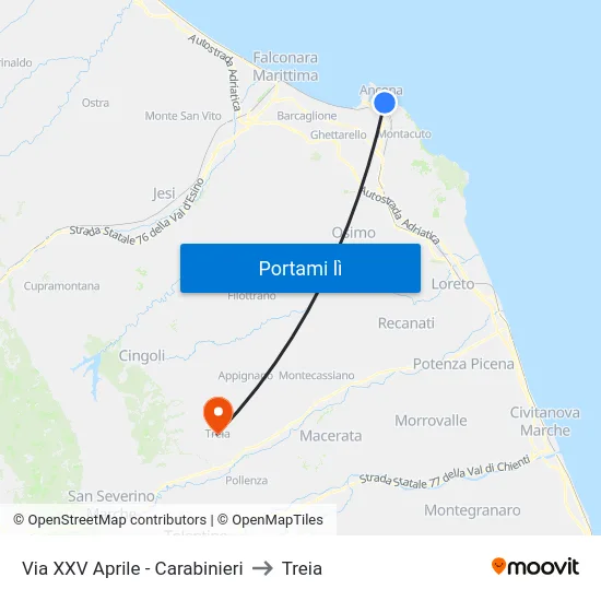 Via XXV Aprile - Carabinieri to Treia map