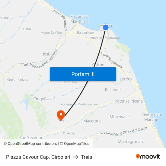 Piazza Cavour Cap. Circolari to Treia map