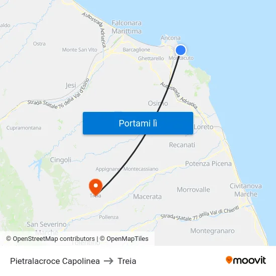 Pietralacroce Capolinea to Treia map
