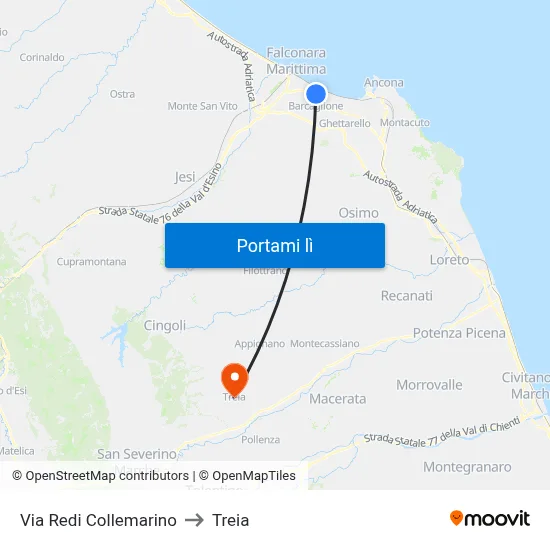 Via Redi Collemarino to Treia map