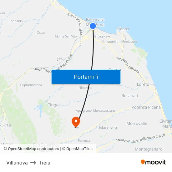 Villanova to Treia map