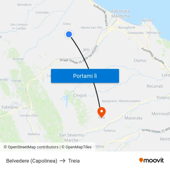 Belvedere (Capolinea) to Treia map