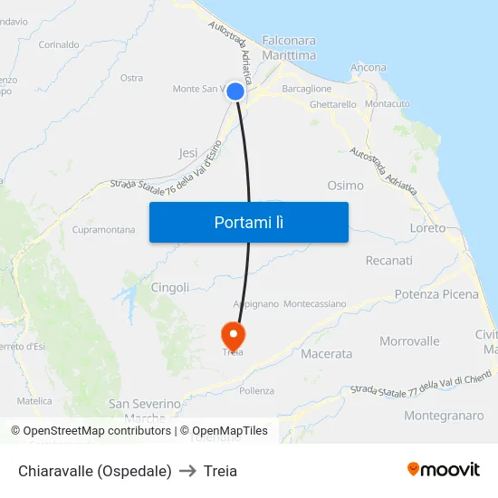 Chiaravalle (Ospedale) to Treia map