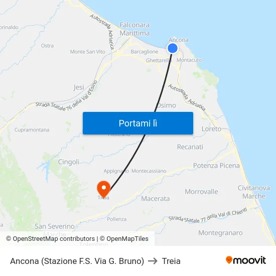 Ancona (Stazione F.S. Via G. Bruno) to Treia map