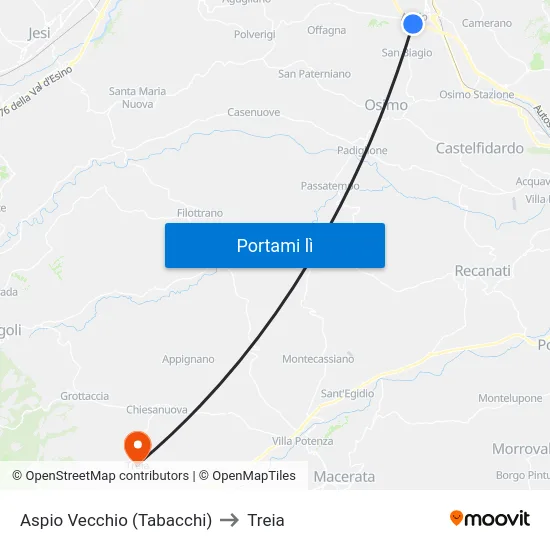 Aspio Vecchio (Tabacchi) to Treia map