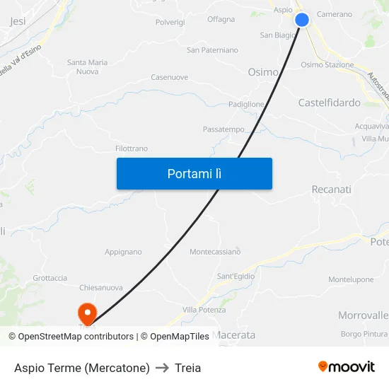 Aspio Terme (Mercatone) to Treia map