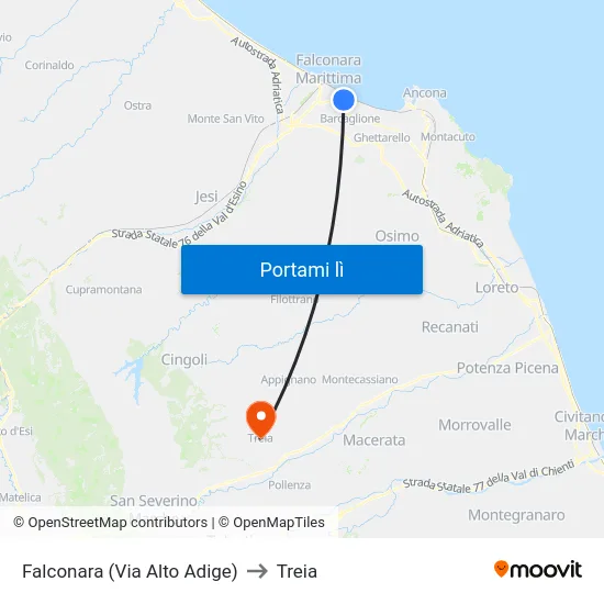 Falconara  (Via Alto Adige) to Treia map