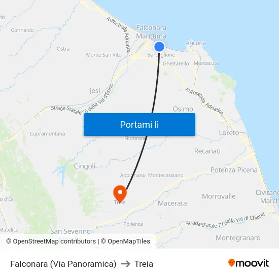 Falconara (Via Panoramica) to Treia map