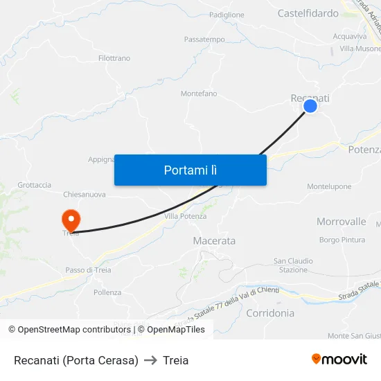 Recanati (Porta Cerasa) to Treia map