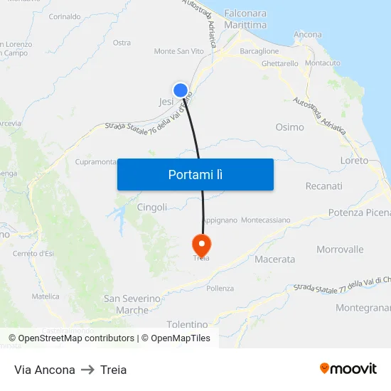 Via Ancona to Treia map