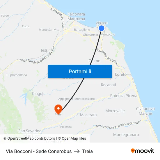 Via Bocconi - Sede Conerobus to Treia map