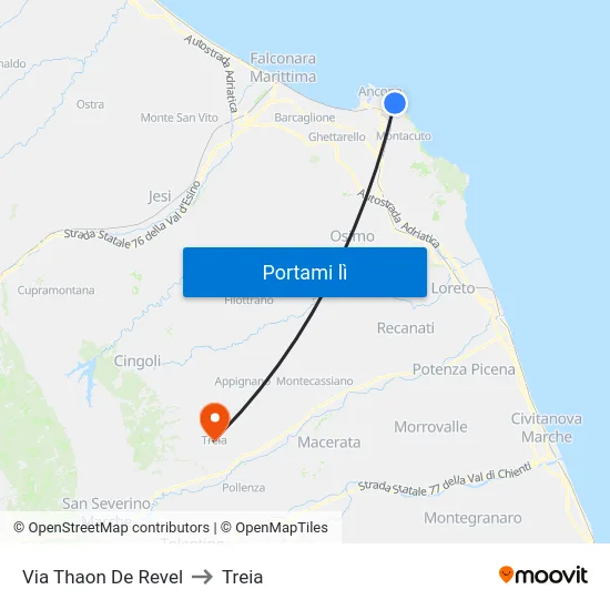 Via Thaon De Revel to Treia map