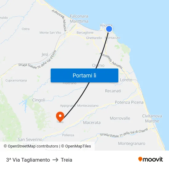 3^ Via Tagliamento to Treia map