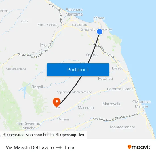 Via Maestri Del Lavoro to Treia map