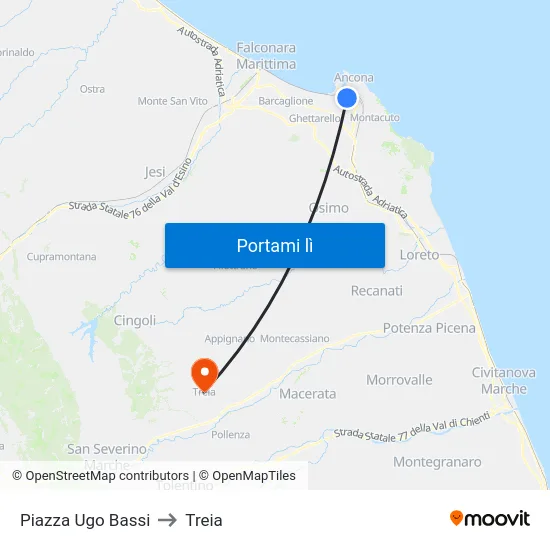 Piazza Ugo Bassi to Treia map