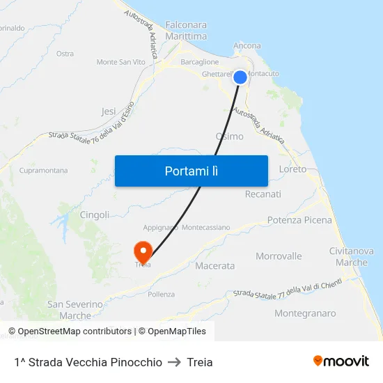 1^ Strada Vecchia Pinocchio to Treia map