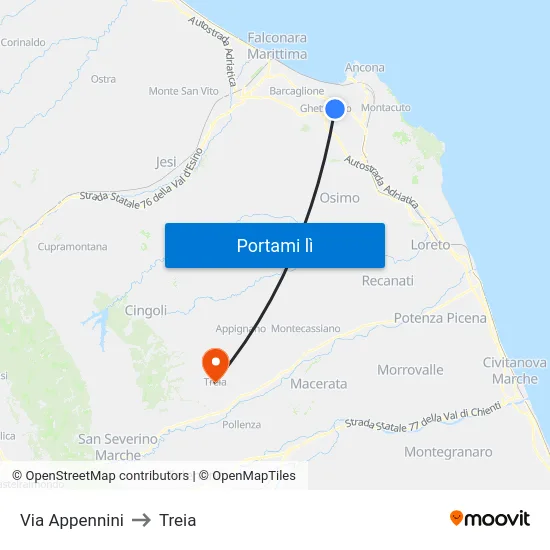 Via Appennini to Treia map