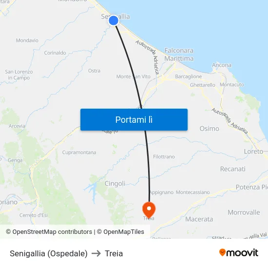 Senigallia (Ospedale) to Treia map