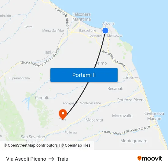 Via Ascoli Piceno to Treia map