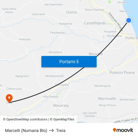 Marcelli (Numana Blù) to Treia map