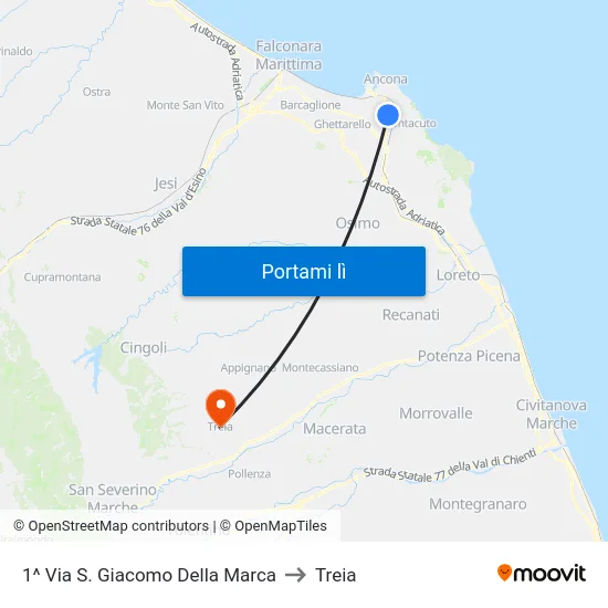 1^ Via S. Giacomo Della Marca to Treia map
