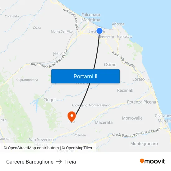 Carcere Barcaglione to Treia map