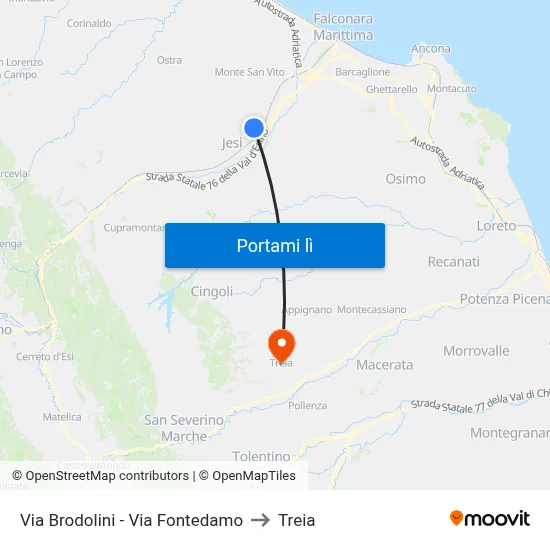 Via Brodolini - Via Fontedamo to Treia map