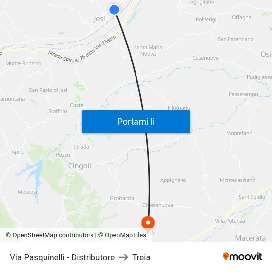 Via Pasquinelli - Distributore to Treia map
