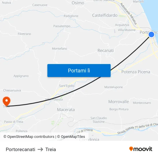 Portorecanati to Treia map
