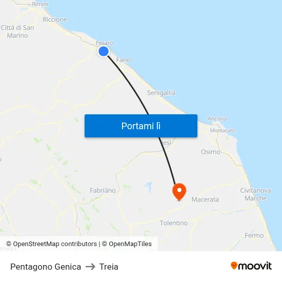 Pentagono Genica to Treia map