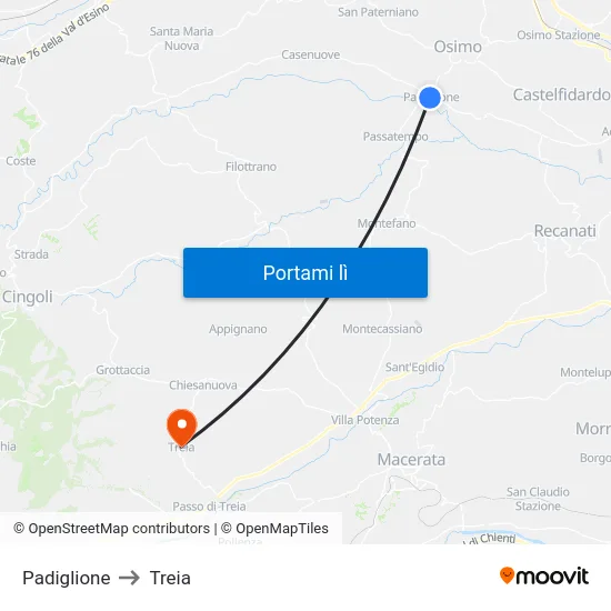 Padiglione to Treia map