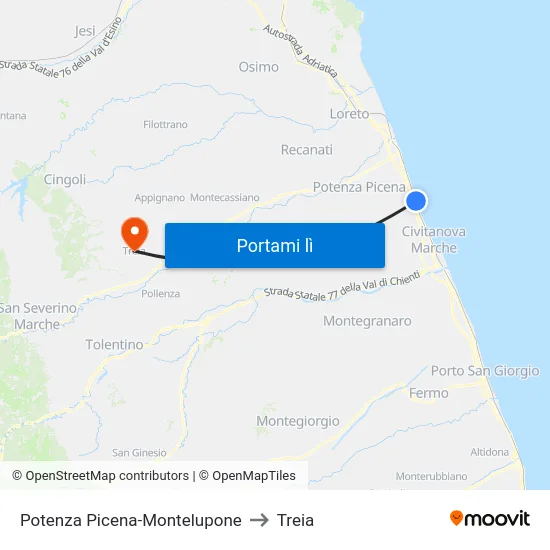 Potenza Picena-Montelupone to Treia map