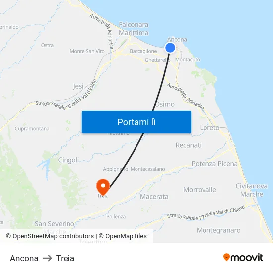 Ancona to Treia map