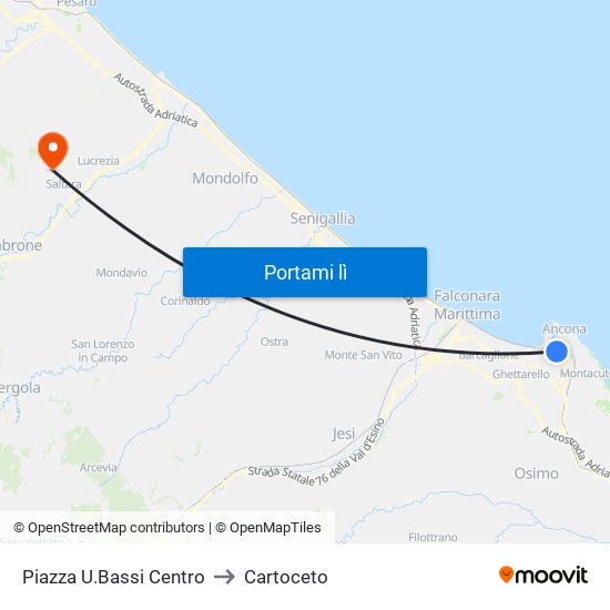 Piazza U.Bassi Centro to Cartoceto map