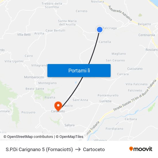 S.P.Di Carignano 5 (Fornaciotti) to Cartoceto map
