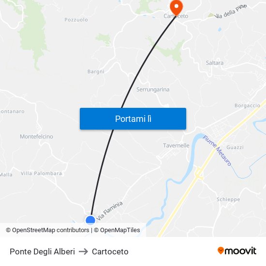 Ponte Degli Alberi to Cartoceto map