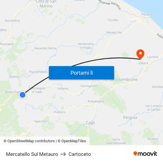 Mercatello Sul Metauro to Cartoceto map