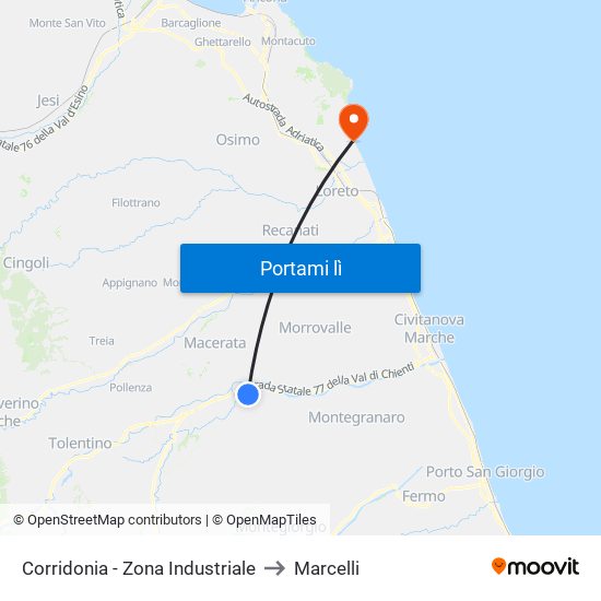 Corridonia - Zona Industriale to Marcelli map